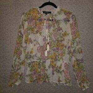 Salo la Fille Blouse Floral Print Ruffle Top Size Medium Sheer Boho